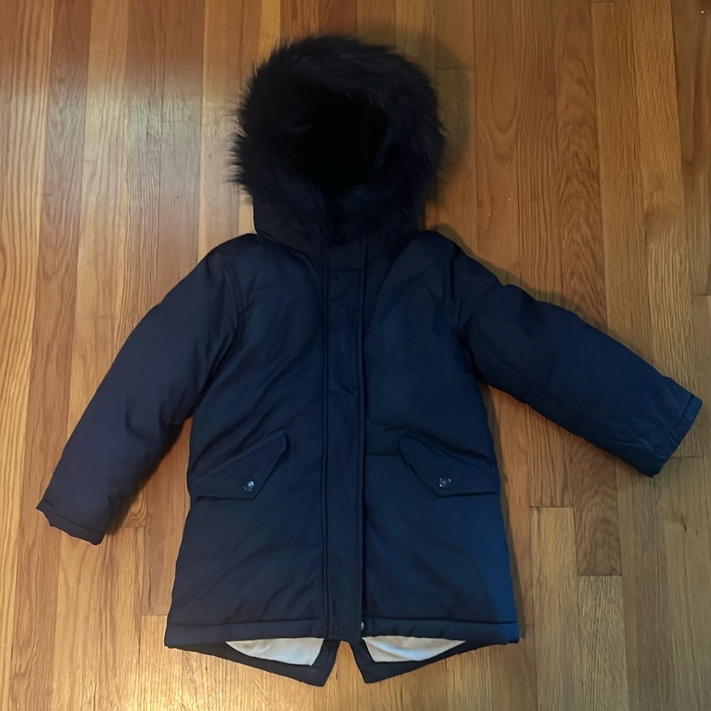 Crewcuts, Girls puffer jacket with removable fur hood, size Small (6-7). Navy.